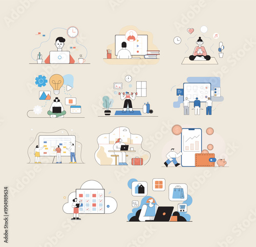 Modern 3D flat illustration and icon pack for remote work lifestyle business finance technology and health