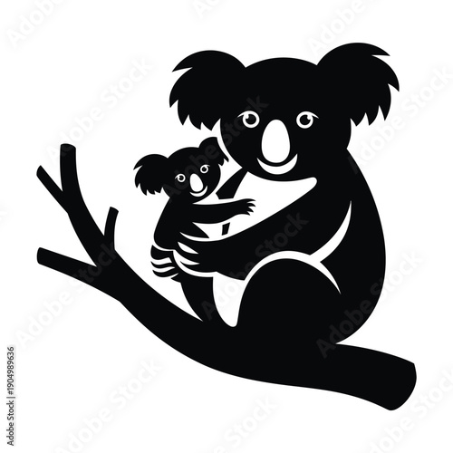 A mother koala holding her joey on a tree branch in silhouette style isolated on white background, Vector, illustration