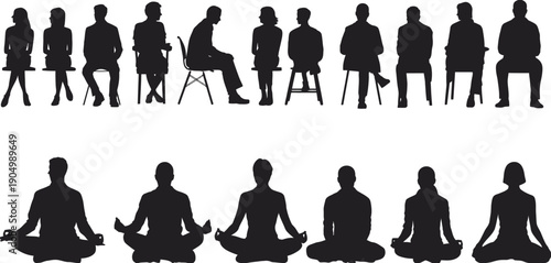 Silhouettes of people sitting and meditating in a serene environment isolated on white background