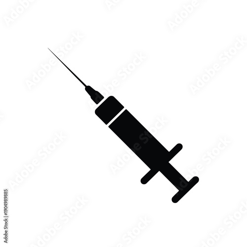 Black and white illustration of a syringe with a needle pointing upwards isolated on white background, Vector, illustration