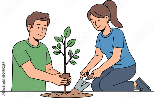 Man and woman planting a tree together in a garden