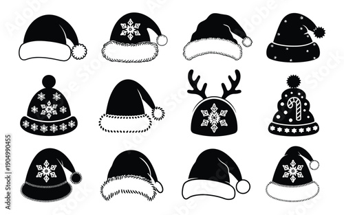 A collection of twelve stylish and festive holiday-themed hats in black and white isolated on white background, Vector, illustration