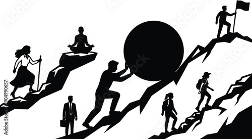 Minimalist silhouette vector showing multiple people climbing mountains pushing boulder meditating and planting flag on rocky peaks in motion determination