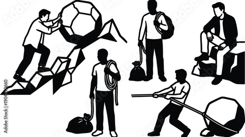 Minimalist vector silhouettes of men pushing and pulling heavy stone ball uphill in struggle scene with stark contrast isolated monochrome