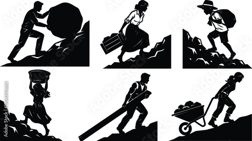 Silhouette vector montage six scenes of men and women pushing carrying climbing uphill with tools and bags high contrast determined