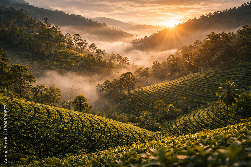 custom made wallpaper toronto digitalGolden Sunrise Over Lush Tea Fields in Sri Lanka Central Highlands