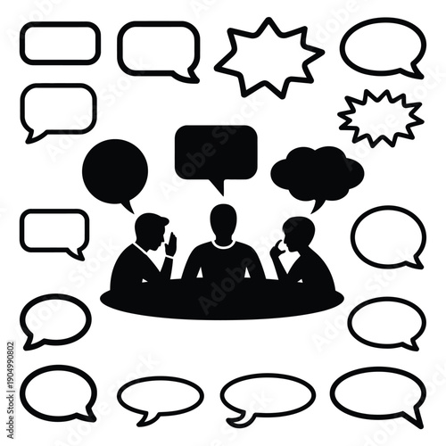 Group discussion with diverse communication symbols surrounding them isolated on white background, Vector, illustration