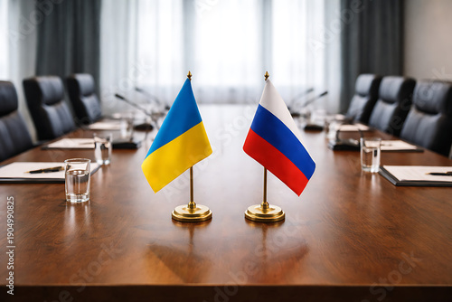 Wallpaper Mural Empty Conference Table With Ukraine and Russia Flags Facing Each Other Editorial Torontodigital.ca