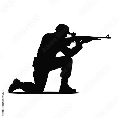 A silhouette of a marksman kneeling and aiming a rifle with precision and focus. isolated on white background, Vector, illustration