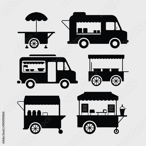 Variety of stylish food trucks and carts in black and white silhouette design isolated on white background, Vector, illustration