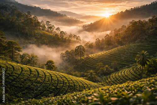 Wallpaper Mural Golden Sunrise Over Lush Tea Fields in Sri Lanka Central Highlands Torontodigital.ca