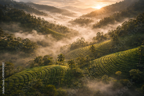 Wallpaper Mural Aerial View of Terraced Tea Plantations in Sri Lanka Covered in Morning Fog Torontodigital.ca
