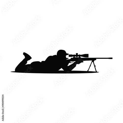 A silhouette of a person prone and aiming a rifle with a scope. isolated on white background, Vector, illustration