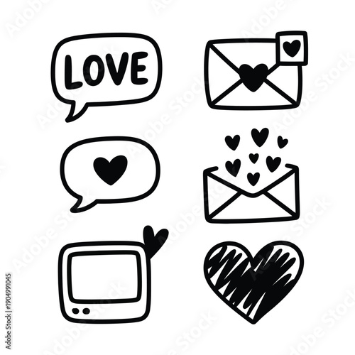 Collection of black and white icons representing love and communication concepts isolated on white background, Vector, illustration