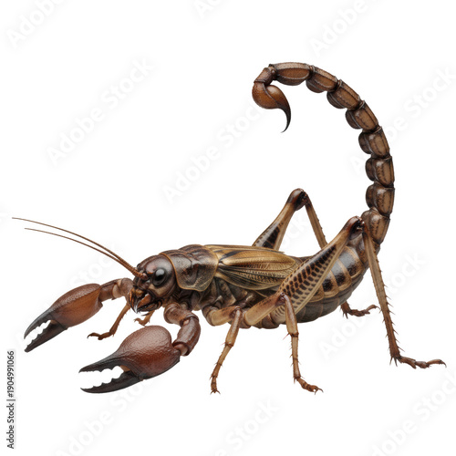 a lifelike monstrous cricket-scorpion hybrid specimen with a thick chitinous exoskeleton and menacing raised stinger against a seamless transparent background. concept of genetic engineering and