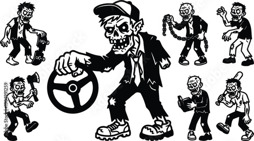 Tattoo flash zombie character sheet with central driver holding steering wheel close up and eight pose variations gritty monochrome