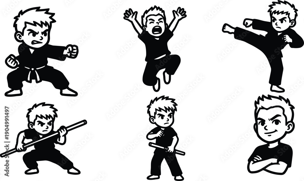 Fototapeta premium Line art martial arts character set showing six dynamic boy karate poses with staff kicks punches crossed arms expression view