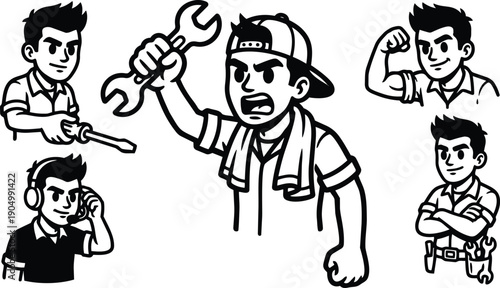 Line art mechanic character set with wrench raised multiple poses including confident arms crossed and headset service pose tool belt