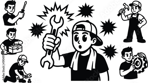 Line art mechanic character holding wrench central close up surrounded by repair action icons toolkit hammer tire changing bold black
