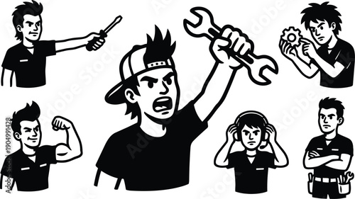 Line art vector mechanic set showing angry young mechanic raising wrench shouting wearing cap tool belt inspecting gear flexing arm