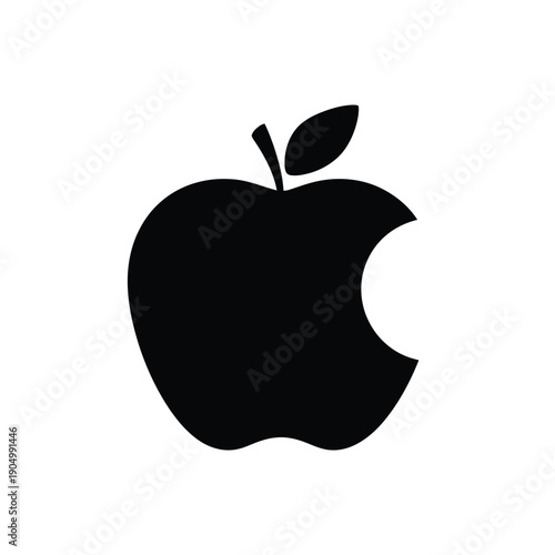 Iconic black silhouette of an apple with a green leaf representing the apple brand logo isolated on white background, Vector, illustration
