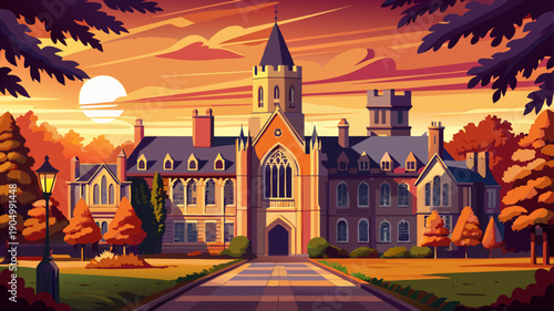 Very beautiful sunset view of Blair Hall at Princeton University, where warm light enhances gothic architectural details and the elegance of Ivy League academic tradition.