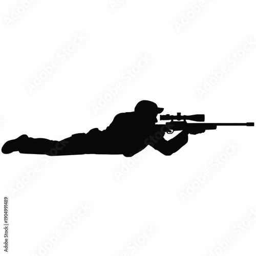 A silhouette of a marksman lying prone with a rifle aimed forward. isolated on white background, Vector, illustration