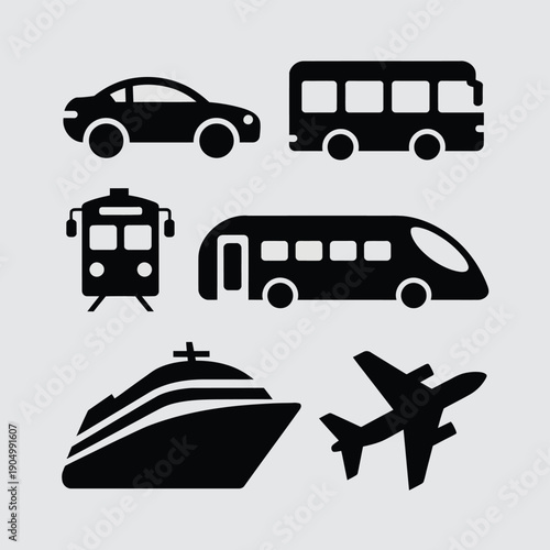 Black and white icons representing various modes of transportation isolated on white background, Vector, illustration