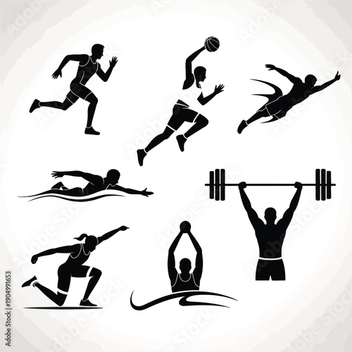 Diverse athletic activities illustrated in black and white silhouette style isolated on white background, Vector, illustration