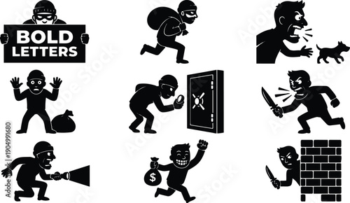 Flat design silhouette burglary icon set showing masked thief running stealing bag breaking safe and wielding knife aggressive shouting flashlight