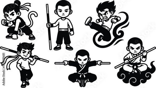 Line art chibi monk characters with bo staff action poses set three quarter view playful martial arts vector composition bold