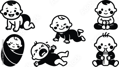 Flat design close set of six baby icons showing crawling winking sitting swaddled crying and drinking bottle playful black white