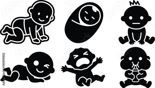 Flat design baby icon set showing crawling swaddled sitting laughing crying and feeding poses in simple black silhouette style vector