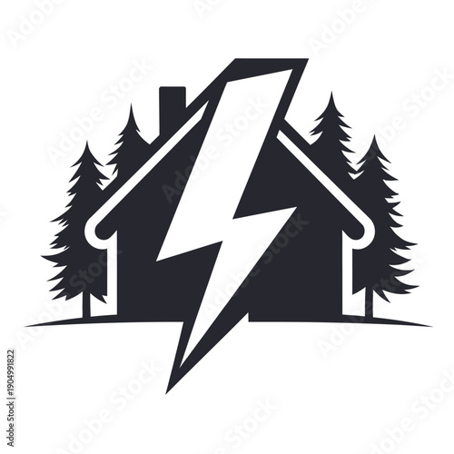 A bold graphic of a lightning bolt striking a stylized forest house isolated on white background, Vector, illustration