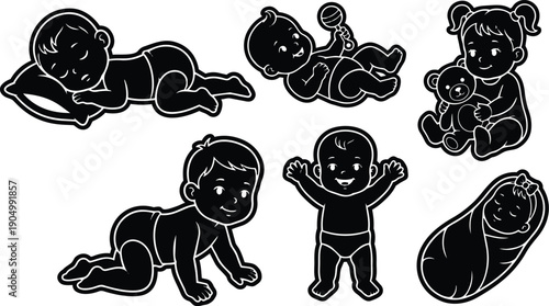 Vector baby sticker set sleeping crawling standing holding teddy rattle swaddled cute outlined silhouette in playful flat design black white
