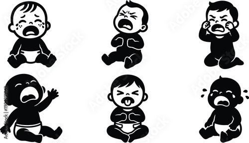 Flat design black crying baby silhouettes six different poses sitting and kneeling with pacifier and diaper expressive faces high contrast