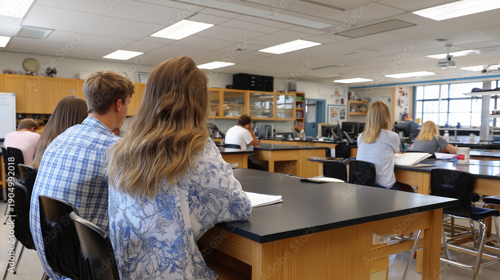 Obraz premium Quiet classroom during independent study time, students working attentively, minimal distractions, with copy space