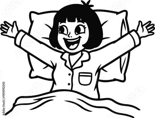 Line art cartoon close up girl stretching arms awake in bed wearing pajamas smiling looking at camera morning cheerful bright