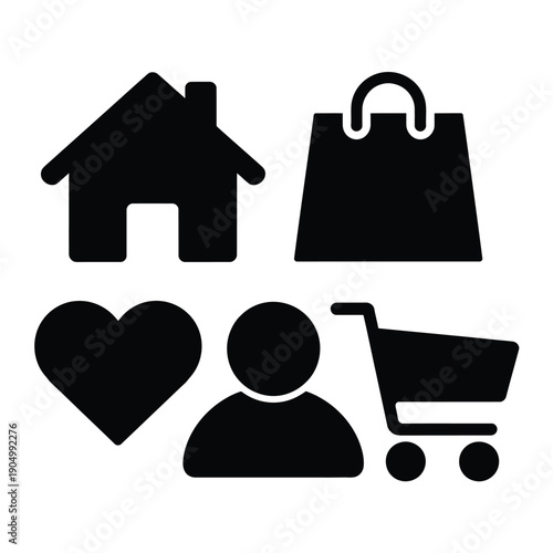 Icons representing home, shopping, love, and consumer activities isolated on white background, Vector, illustration