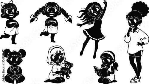 Flat design cheerful girls set showing smiling child running braids dancing jumping thoughtful girl reading book holding teddy bear sitting