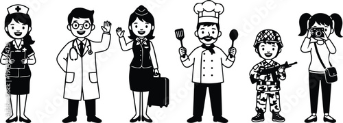 Line art vector row of smiling nurse doctor flight attendant chef soldier and photographer standing and waving in professional uniforms