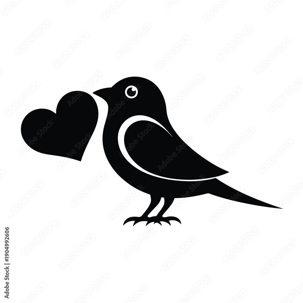 Obraz premium A black and white bird holding a heart in its beak with affectionate expression isolated on white background, Vector, illustration
