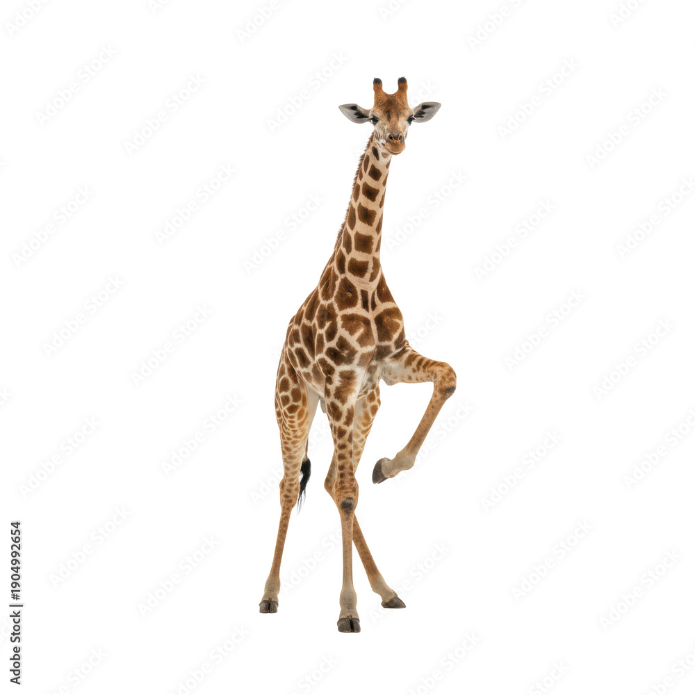 Obraz premium A slender juvenile giraffe with hyperdetailed brown and cream patches, rearing gracefully mid-air against a brilliant white studio background with high-key lighting, conveying energetic wildlife