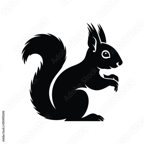 A sleek black silhouette of a squirrel sitting upright on its hind legs isolated on white background, Vector, illustration