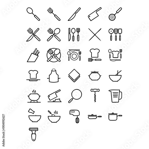 Minimalist vector illustration of kitchen utensils and cookware icons in black and white, perfect for recipes, cooking apps, and culinary designs.