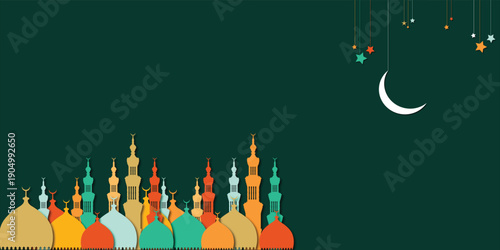 Ramadan Kareem background featuring colorful mosque silhouette with crescent moon and hanging stars. Clean Islamic vector illustration with copy space, suitable for Ramadan greeting card, Eid al-Fitr 