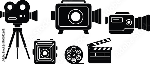 Flat design vintage and modern film cameras clapper and film reel icons arranged center with tripod low angle silhouette bold