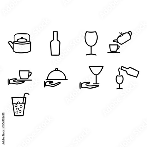 Minimalist black and white line icons of kitchenware and drink ware, ideal for menus, apps, and design projects with clean, modern aesthetics.