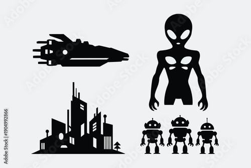 Alien encounter with futuristic cityscape and robotic figures in black and white isolated on white background, Vector, illustration