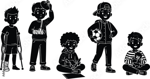 Vector icon set five children with injuries and toys crutches soccer ball sitting drawing bandaged arm standing smiling playful monochrome